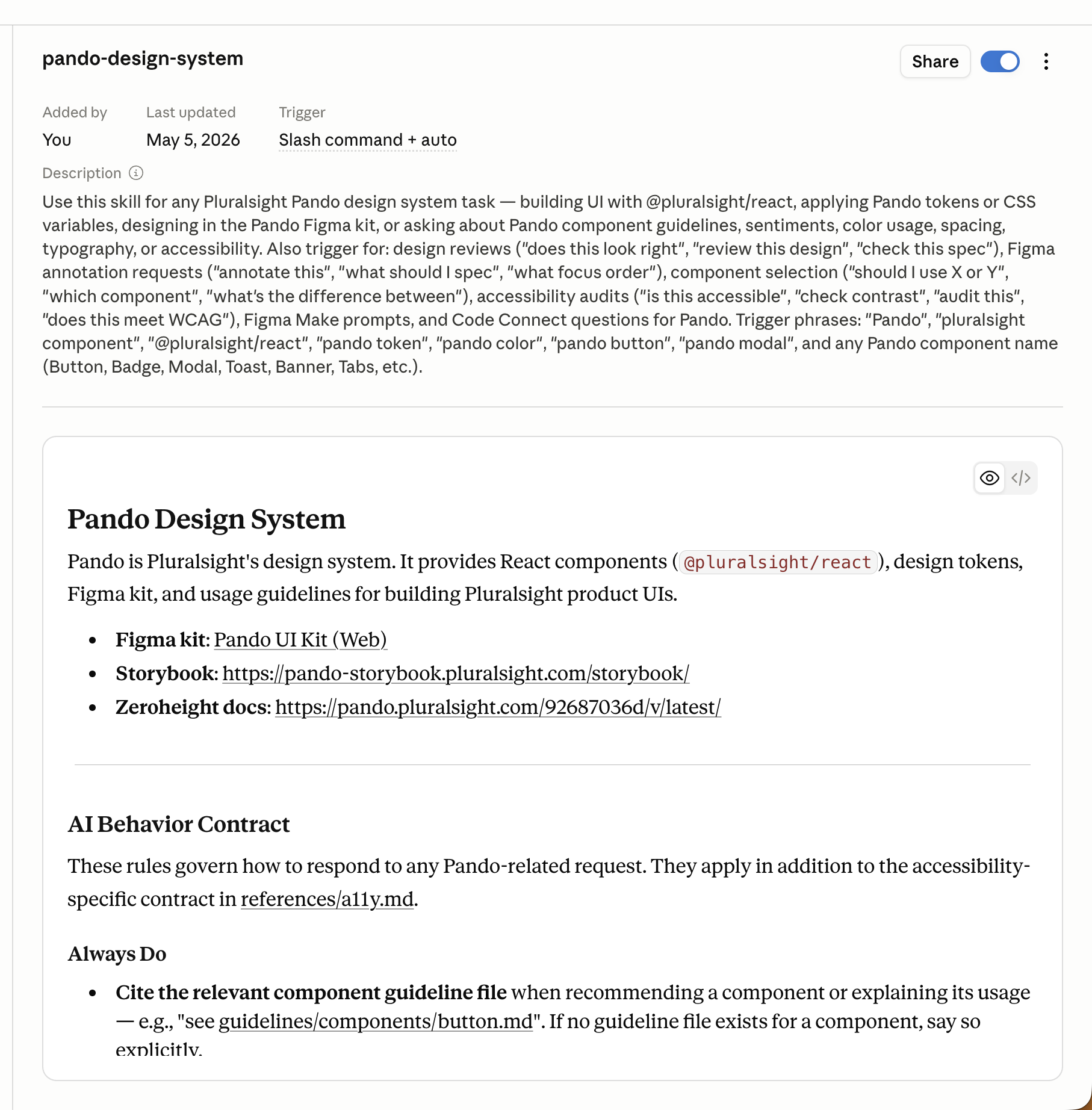 The pando-design-system Claude skill, showing its description and the top of its SKILL.md file