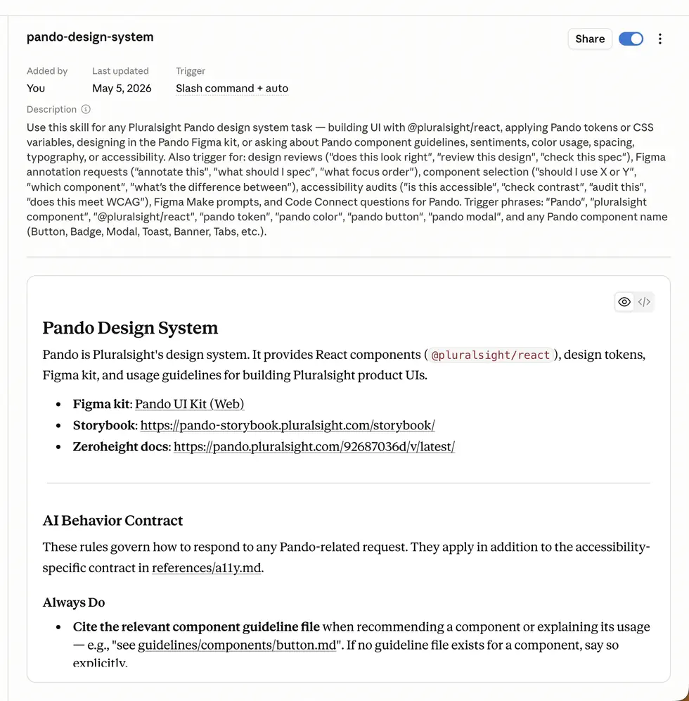 The pando-design-system Claude skill, showing its description and the top of its SKILL.md file