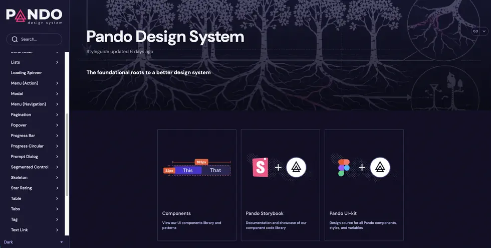 Pando Design System documentation site homepage