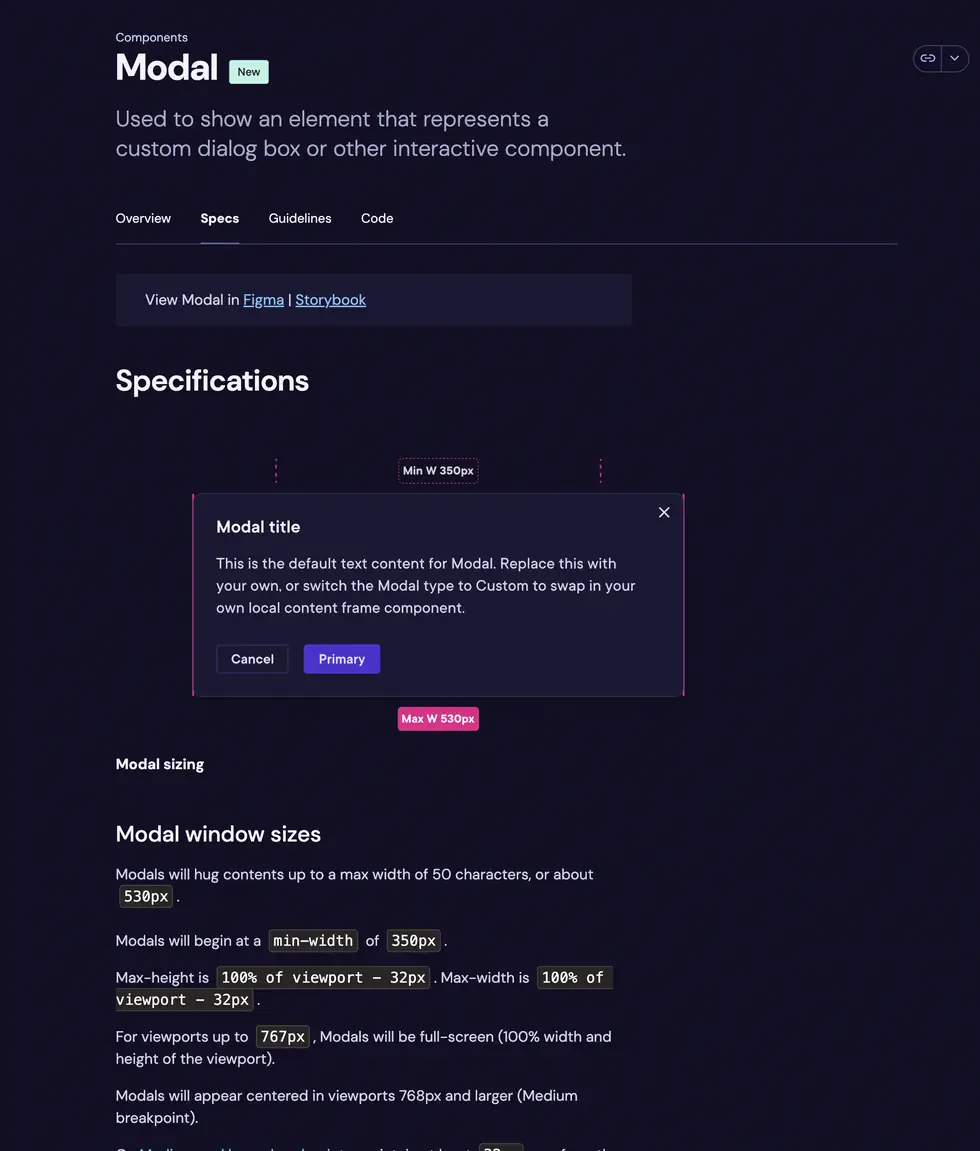 Pando Design System modal Zeroheight documentation